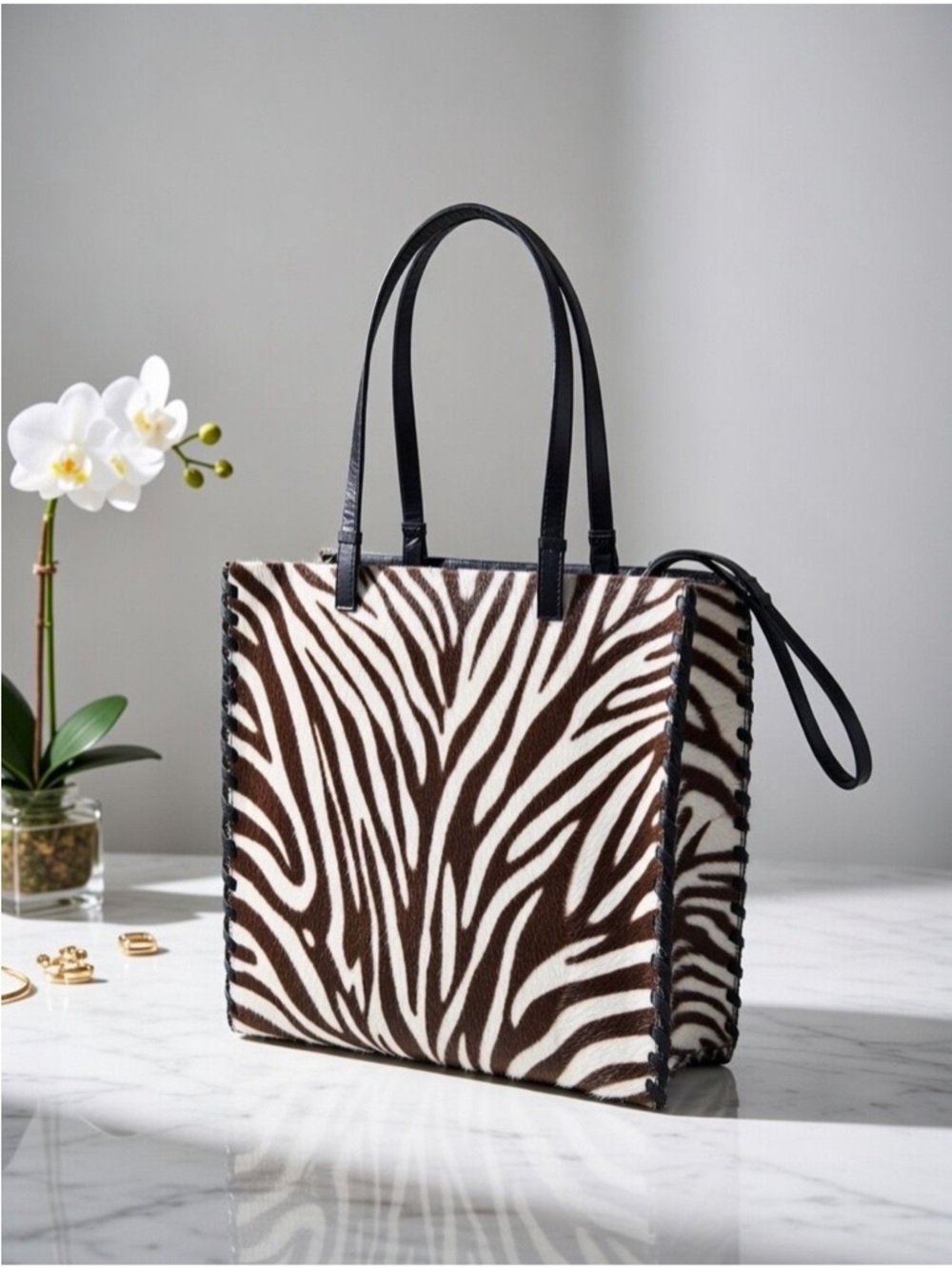 Zebra Print Tote Bag with Black Trim - Brown & White